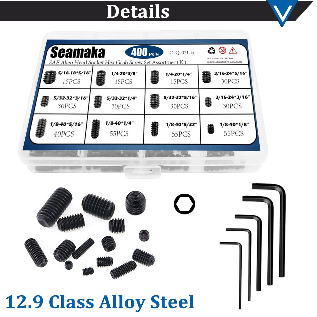 Seamaka 400Pcs SAE Set Screws Assortment Kit with Allen Keys